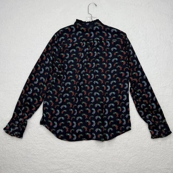 Loft Peacock Print Ruffle Neck Blouse Button Up Long Sleeve Navy Blue Size M - Picture 8 of 12